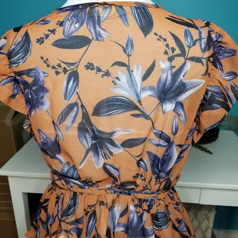 Wayward Fancies Wrap Blouse Orange Blue Floral - Picture 3 of 13